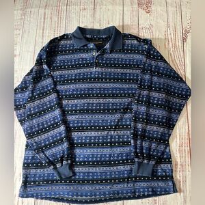 Evan Picone vintage Blue and Black patterned velour Polo Shirt long sleeve